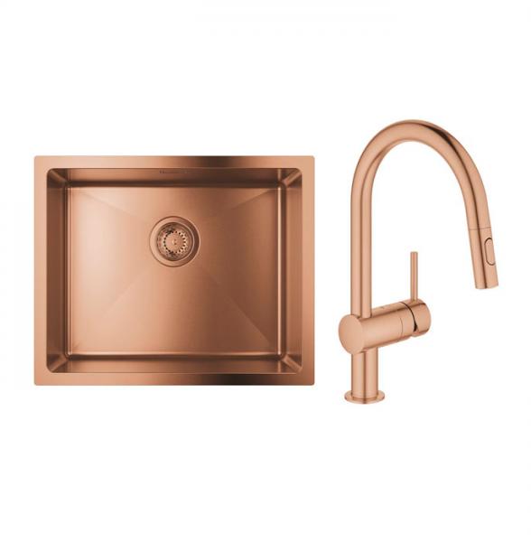 Grohe K700U rustfri st&aring;lvask inkl. Grohe New Minta k&oslash;kkenarmatur m/udtr&aelig;k - B&oslash;rstet warm sunset