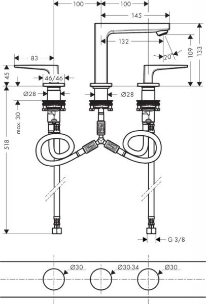 hansgrohe Metropol 110 3-huls håndvaskarmatur m/push-open bundventil - Krom