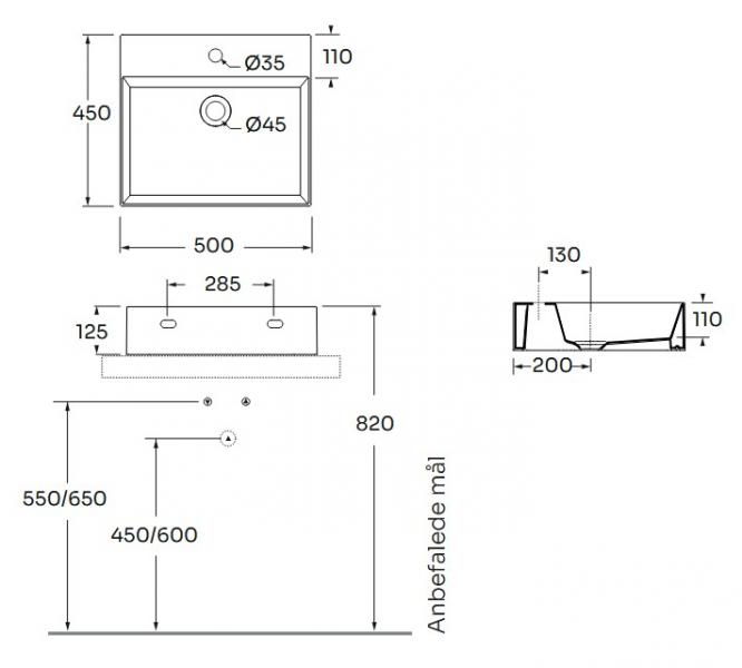 Lavabo Elegance SQ 50 håndvask t/væg eller møbel - Uden overløb Lavabo Elegance SQ 50 håndvask t/væg eller møbel - Uden overløb
