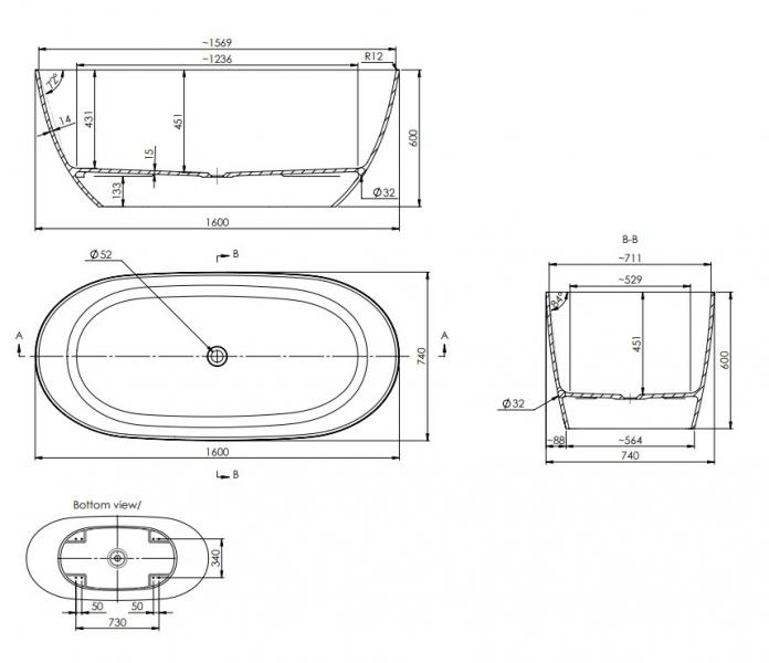 Strømberg Arden fritstående badekar 1600 x 740 mm - Mat sort
