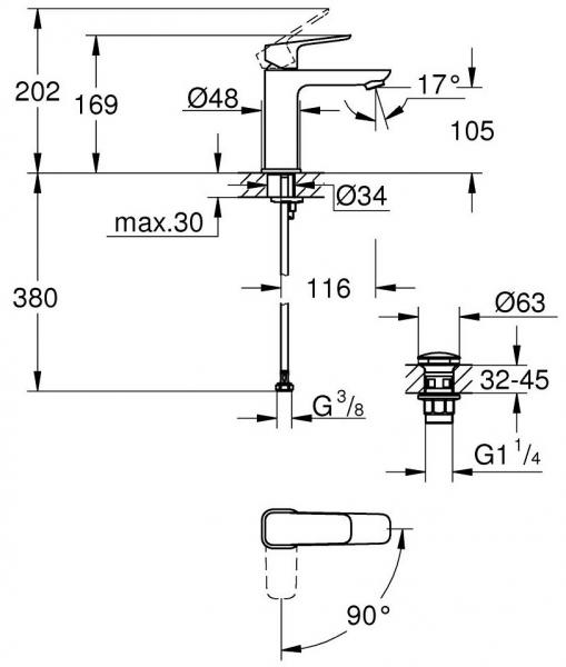 Grohe Cubeo M h&aring;ndvaskarmatur m/koldstart og push-open bundventil - Mat sort