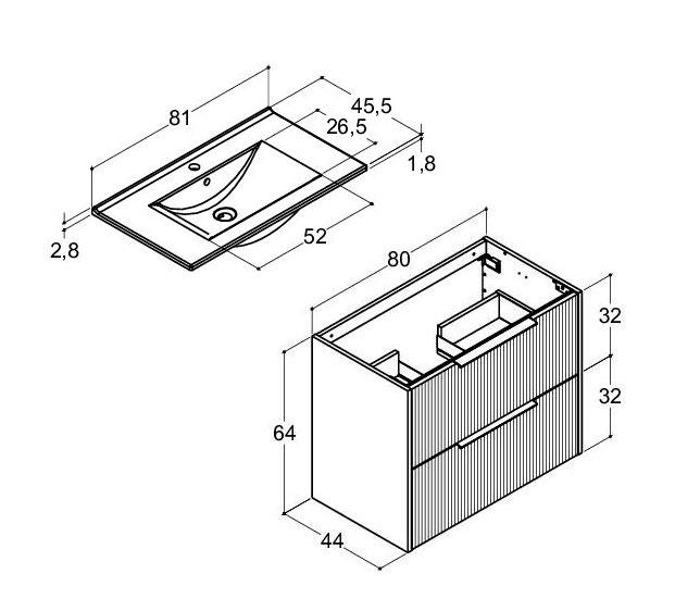 Dansani Mido+ Classic 81 møbelsæt m/Amber vask og 2 skuffer - Striber/mat sand Dansani Mido+ Classic 81 møbelsæt m/Amber vask og 2 skuffer - Striber/mat sand