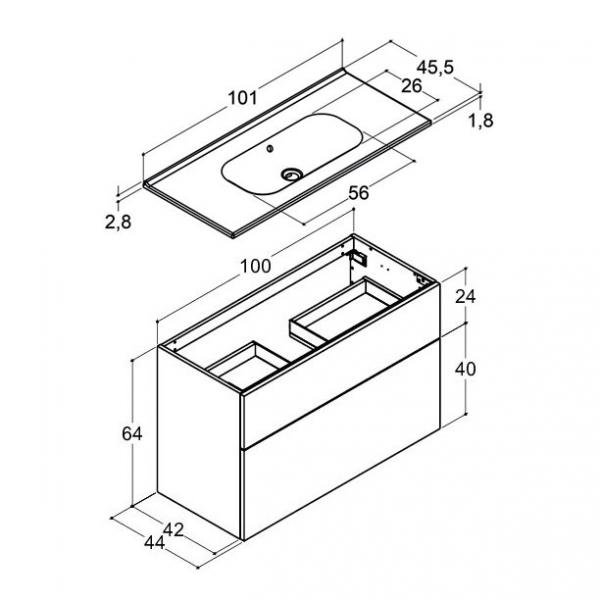 Dansani Luna 101 møbelsæt m/Kantate vask, høj skuffe og indretning - Mat grå Dansani Luna 101 møbelsæt m/Kantate vask, høj skuffe og indretning - Mat grå