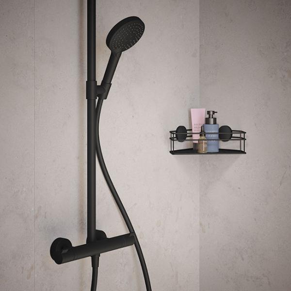 Beslagsboden brusekurv til hjørne, selvklæbende - Mat sort Beslagsboden brusekurv til hjørne, selvklæbende - Mat sort